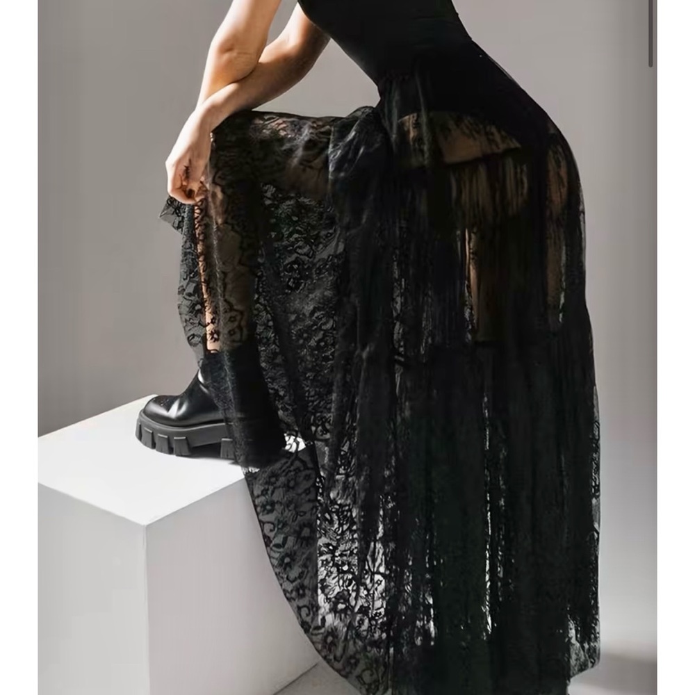 Last one! ❤️ Gothic x Steampunk Sheer Black Maxi Ruffle Lace Skirt